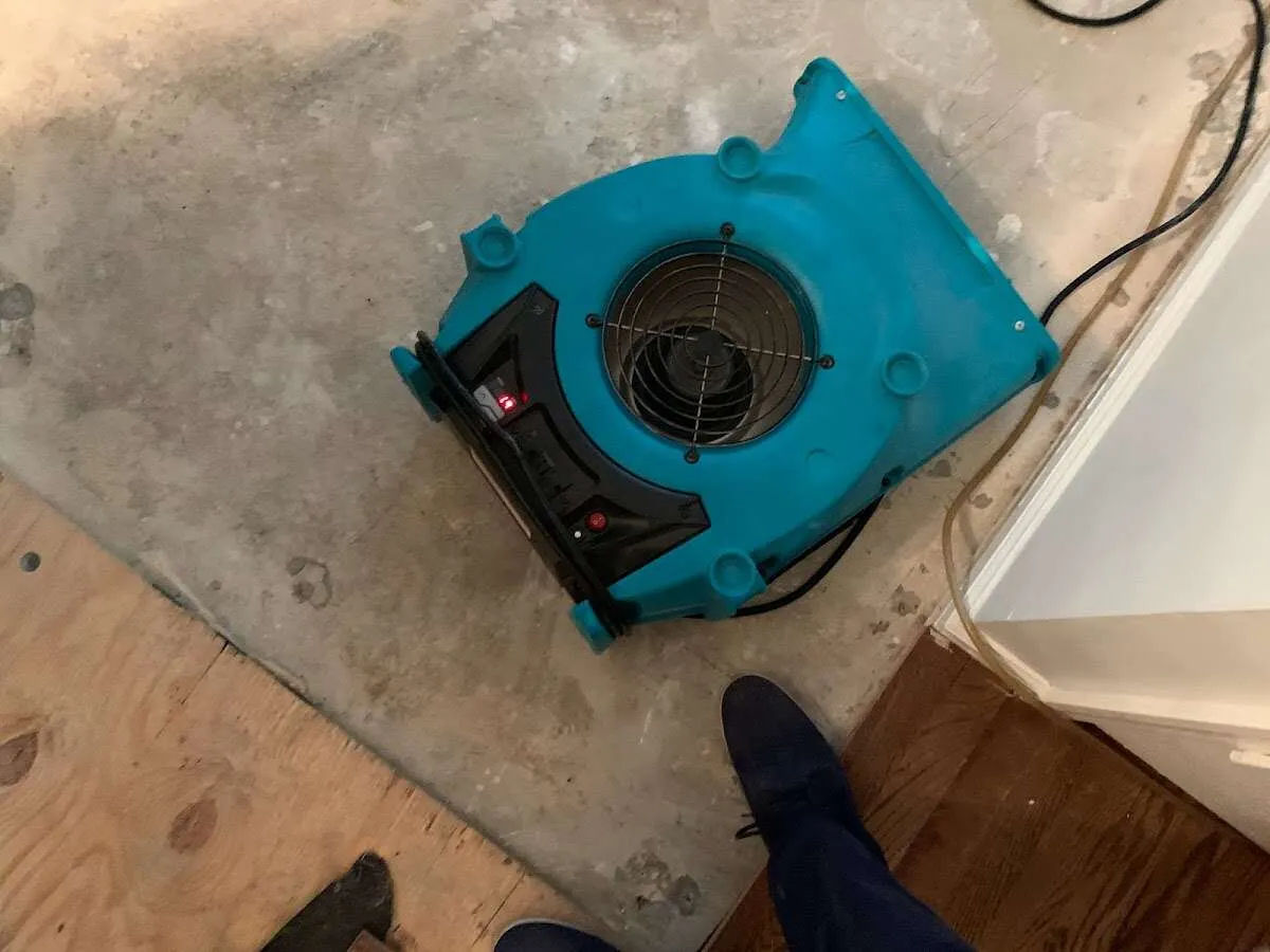 Air mover drying subfloor during Leak Detection & Repair in Perkasie